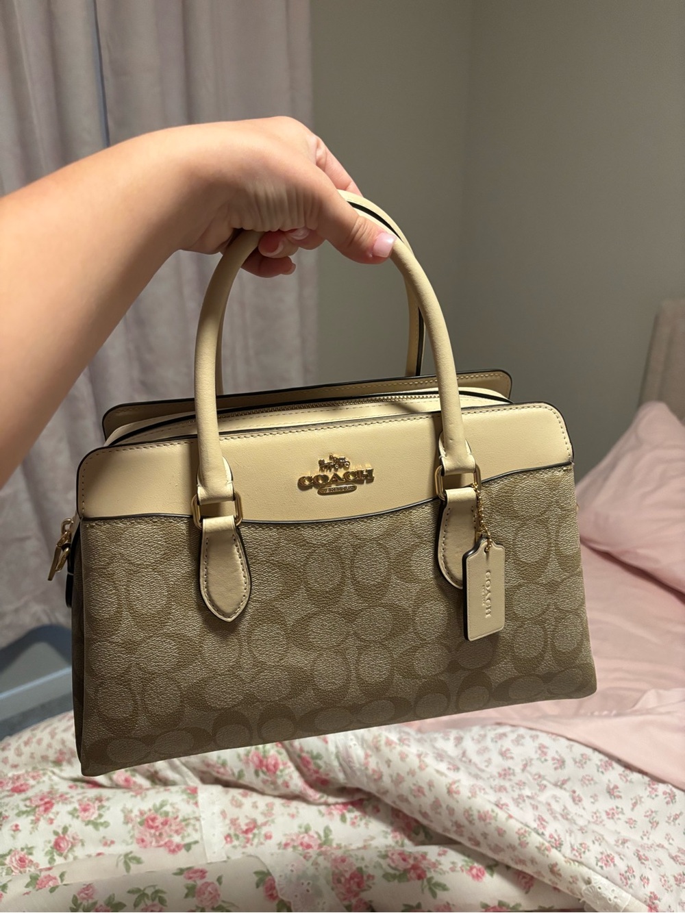 Coach Tan/Beige Signature Satchel with Gold Hardware